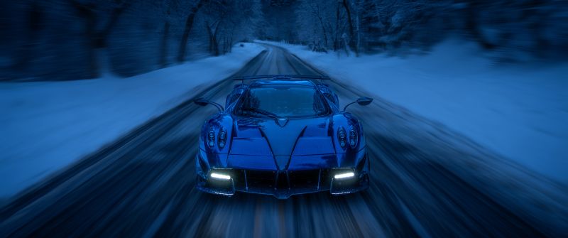 Pagani Huayra Roadster, Snow covered, Road, Winter Road, Winter forest, 5K, 8K, Cold night