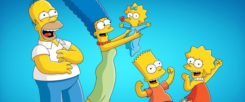 The Simpsons, Family, Homer Simpson, Marge Simpson, Bart Simpson, Lisa Simpson, Simpson family, Blue background, Cartoon