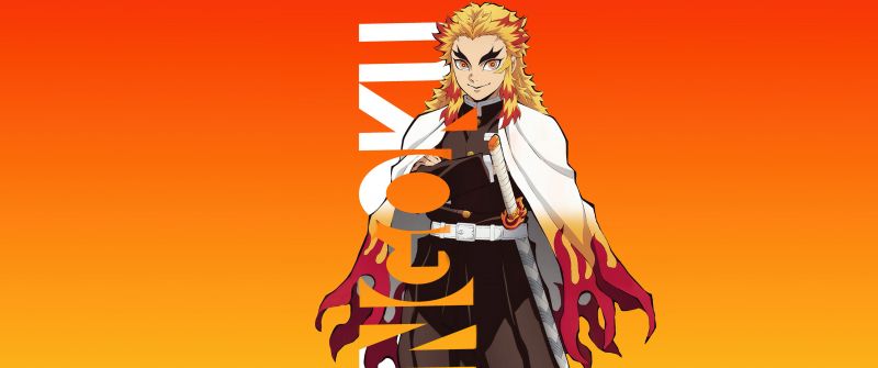 Kyojuro Rengoku, Orange background, Demon Slayer: Kimetsu no Yaiba