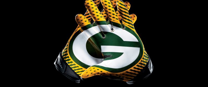 Green Bay Packers, Gloves, Black background, 8K, NFL team, 5K, American football team