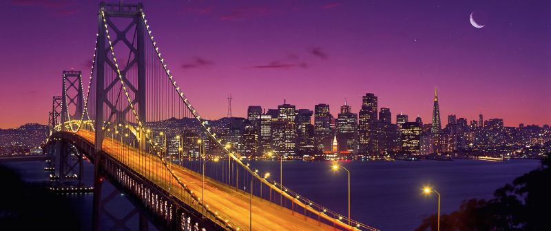 San Francisco-Oakland Bay Bridge, Twilight, Sunset, Night time, Long exposure, Crescent Moon, Purple sky