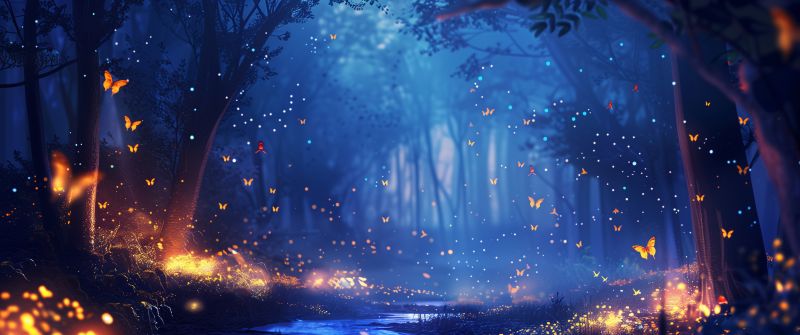 Butterfly, Fairies, Magical forest, Night, 5K, 8K