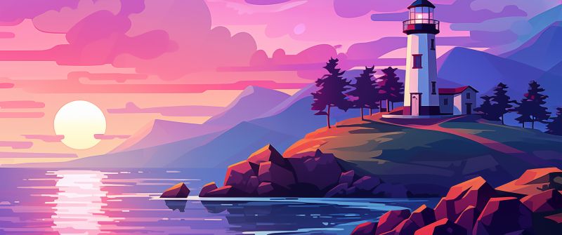 Vibrant, Landscape, Sunrise, Aesthetic, Colorful, Pink sky, Lighthouse, Sunset, Illustration, 5K