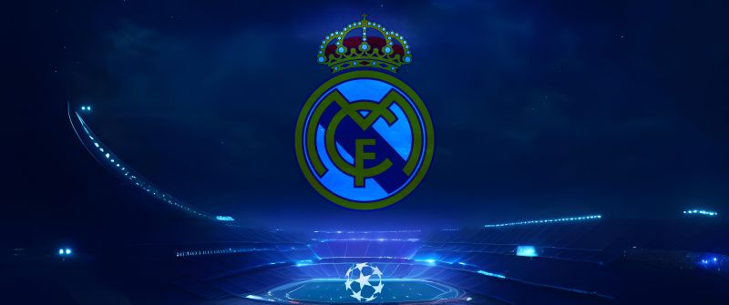 Real Madrid CF, UEFA Champions League, Logo, Football club, Stadium, Blue background