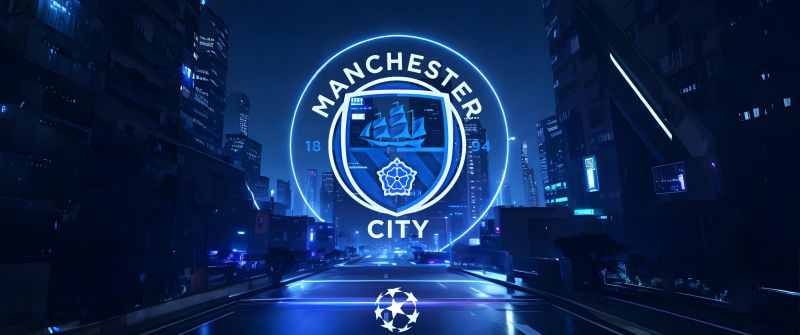 Manchester City FC, Futuristic, Neon logo, UEFA Champions League, Blue aesthetic, Football club