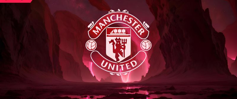 Manchester United, Neon logo, Premier League club, Football club, 5K, 8K, Red aesthetic