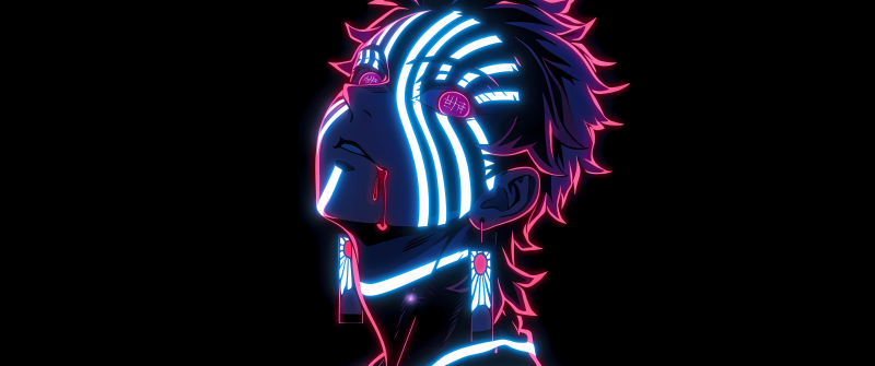 Neon, Akaza, Demon Slayer: Kimetsu no Yaiba, Black background, 5K, AMOLED, Neon glow