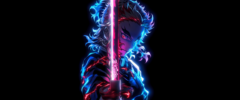 Kyojuro Rengoku, Neon glow, AMOLED, Demon Slayer: Kimetsu no Yaiba, Black background, 5K, Katana