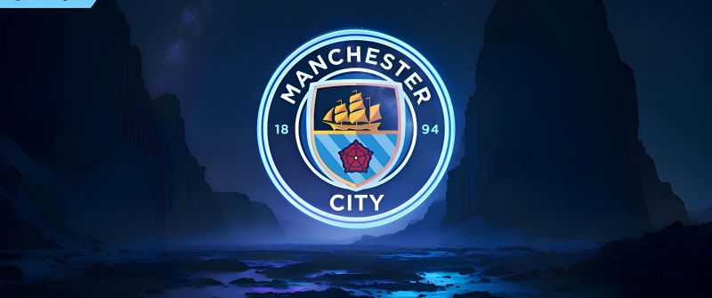 Manchester City FC, Neon logo, Premier League club, Glowing, Blue, 5K, 8K