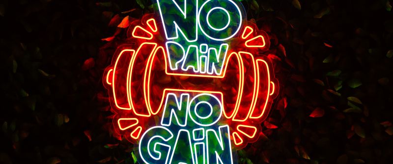 No pain No gain, Neon sign, Dark background, 5K, Glowing, Weight training, Gym