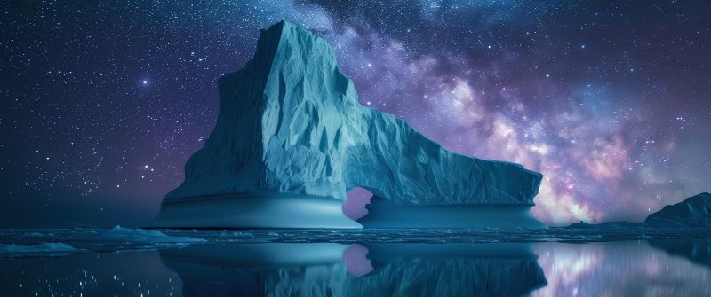 Frozen, Ice berg, Night, Patagonia, Norway, Aesthetic, Milky Way, Seascape, Reflection, 5K