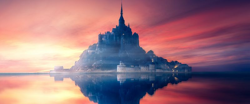 Mont Saint-Michel, Sunset, Twilight, Dawn, Reflection, Normandy, France, Aesthetic, 5K
