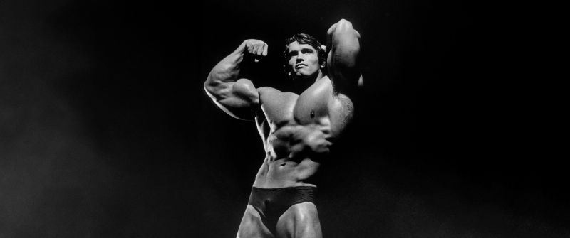 Arnold Schwarzenegger, Bodybuilder, Dark background, Monochrome, 5K