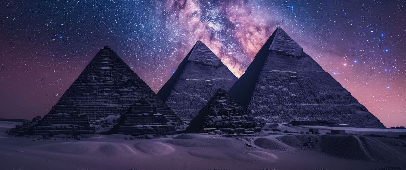 Egyptian Pyramids, Milky Way, Night sky, Seven Wonders of the Ancient World, AI art, The Great Pyramid of Giza, 5K