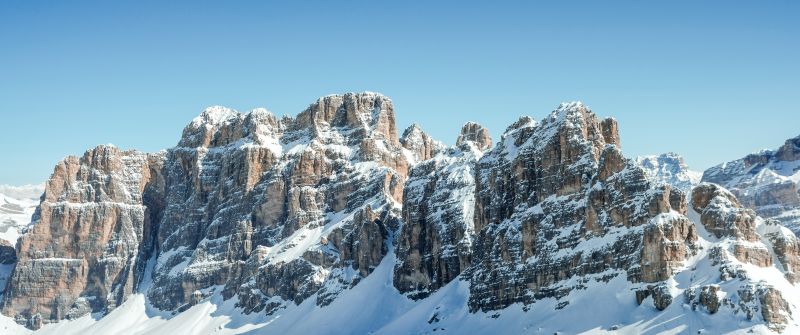 Dolomites, Clear sky, Mountain range, Sunny day, Winter, Snow covered, Mountains, Italy, 5K