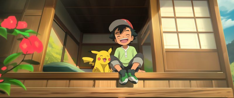 Ash Ketchum, Pikachu, Adorable, Scenic, 5K, Laughing, Pokemon