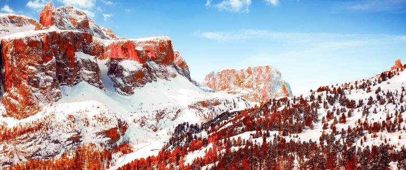 Winter, Dolomites, Mountain range, Sunny day, Snow covered, Mountains, Italy, 5K