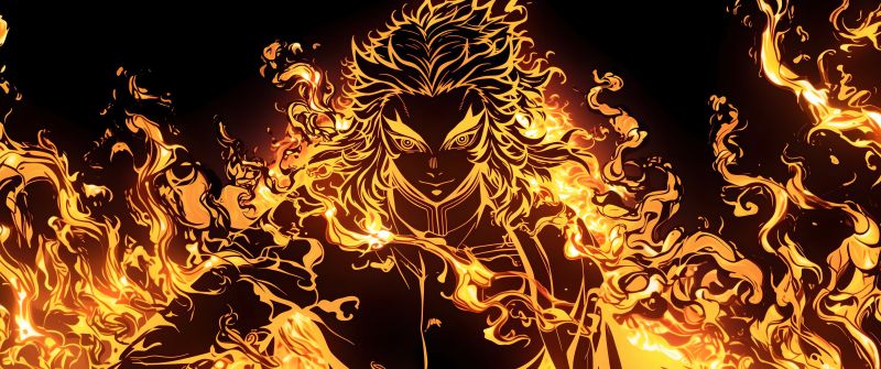 Kyojuro Rengoku, Fire effect, Demon Slayer: Kimetsu no Yaiba, Dark background, 5K