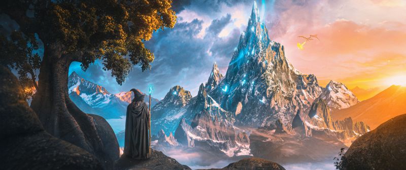 Mountain, Fantasy artwork, Ultrawide, Wizard