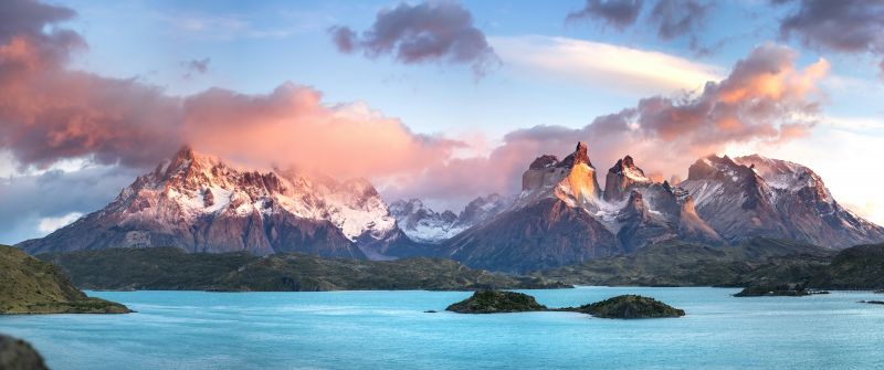 Torres del Paine National Park, Panorama, Mountains, Cloudy Sky, Sunny day, Ultrawide, 5K, 8K