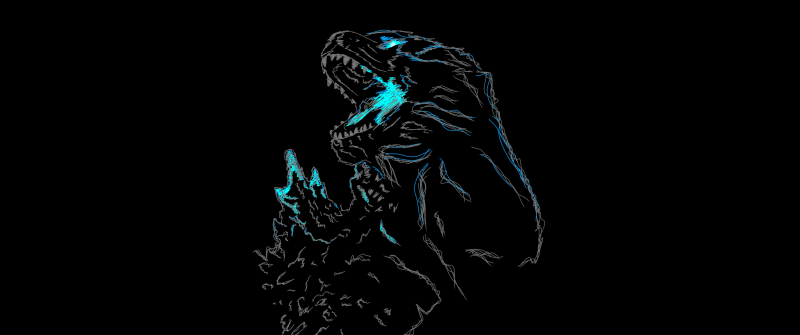 Godzilla, AMOLED, Kaiju, Black background, Neon art, 5K