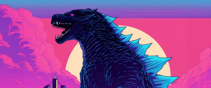 Godzilla, RetroWave art, 5K, Kaiju