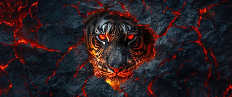 Fire, Tiger face, Lava, Closeup, Dark aesthetic, 5K