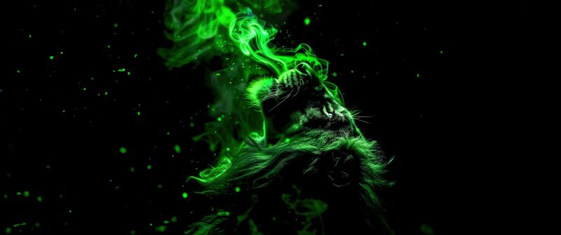 Lion, Green aesthetic, AMOLED, Smoke, 5K, Black background, Dark theme