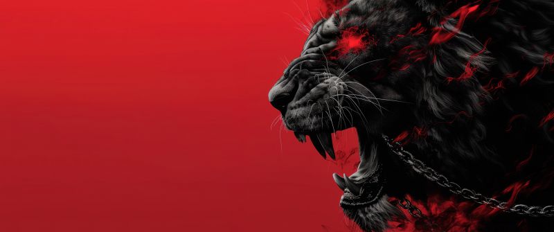 Lion, Red aesthetic, Red background, Roaring