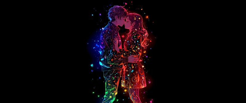 Kissing couple, Colorful art, AMOLED, Black background, 5K, Romantic kiss, Love couple