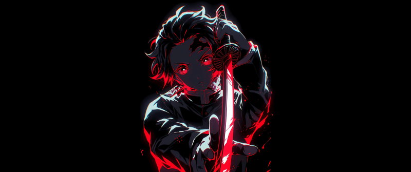 Tanjiro Kamado, AMOLED, Red aesthetic, 5K, Black background, Sword, Demon Slayer: Kimetsu no Yaiba