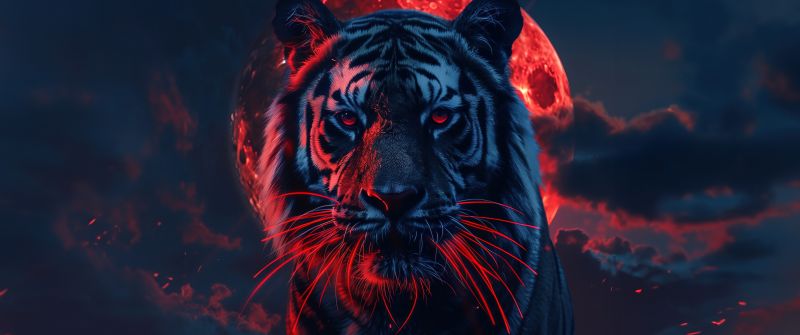 Tiger, Red aesthetic, Red moon, 5K, AI art, Closeup Photography