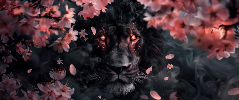 Lion, Sakura, Smoke, Cherry blossom, 5K, AI art