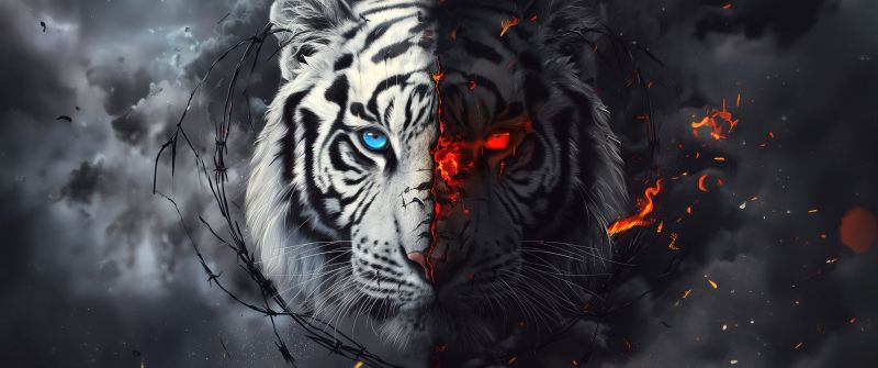 White tiger, Dope, AI art, 5K, Fire effect