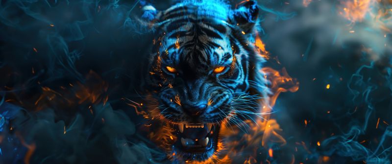 Roaring, Tiger, Flames, 5K, AI art, Dope