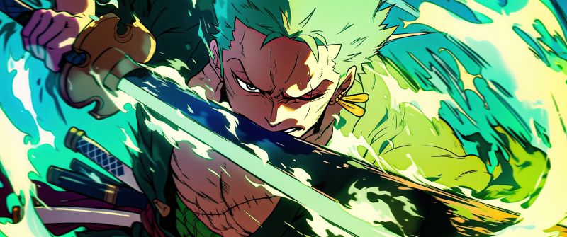 Roronoa Zoro, Green, Artwork, Sword, 5K, One Piece