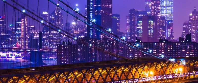 New York City, Purple aesthetic, Night, Cityscape, City lights, Suspension bridge, Buildings, USA