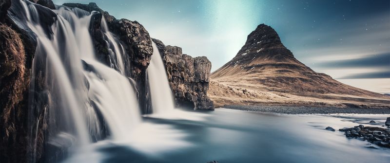 Waterfall, Scenic, Rocks, Aurora Borealis, Northern Lights, Mountain, 5K