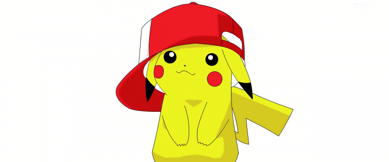 Pikachu, Drawing, Minimal art, 5K, Pokemon, White background, Baseball cap, Illustration, Cartoon