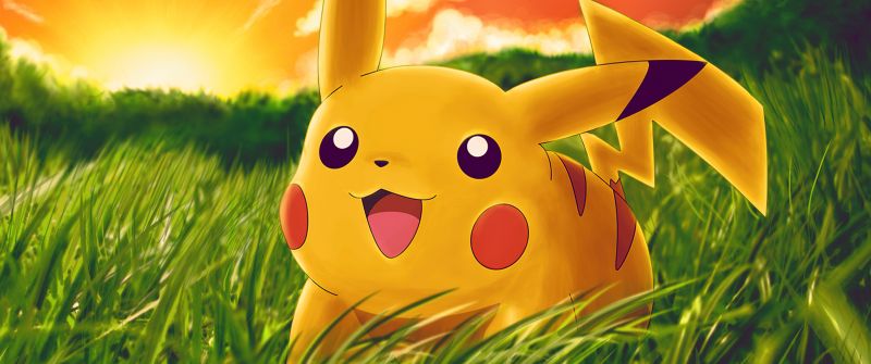 Pikachu, Adorable, Pokemon, Cartoon, Grass field, Sunset, Happy, Joyful