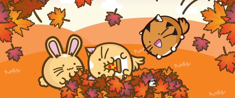 Fuzzballs, Autumn, Kawaii cartoon, Autumn foliage, Autumn season, 5K