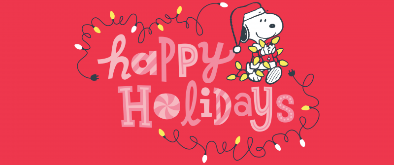 Snoopy, Happy holidays, Christmas decoration, String Lights, Red background, 5K, Peanuts, December