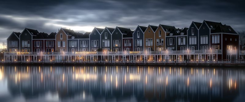 Rainbow houses, Netherlands, Colorful, Lakeside, Evening sky, Reflection, 5K, 8K, Scenic, Wooden House, Aesthetic, Dark clouds