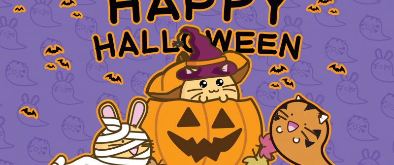 Happy Halloween, Fuzzballs, Kawaii cartoon, 5K, Purple background, Halloween Bats