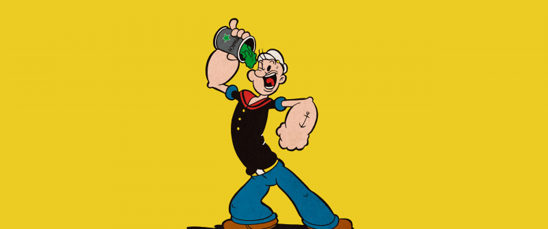 Popeye eating Spinach, 5K, Yellow background, Cartoon, Funny