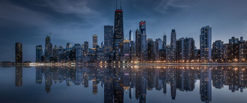 Chicago City, Skyline, Cityscape, Illinois, USA, United States of America, Urban, Skyscrapers, Dusk, Evening sky, Dramatic, Reflections, Lake Michigan, Waterfront, City lights, 5K, 8K