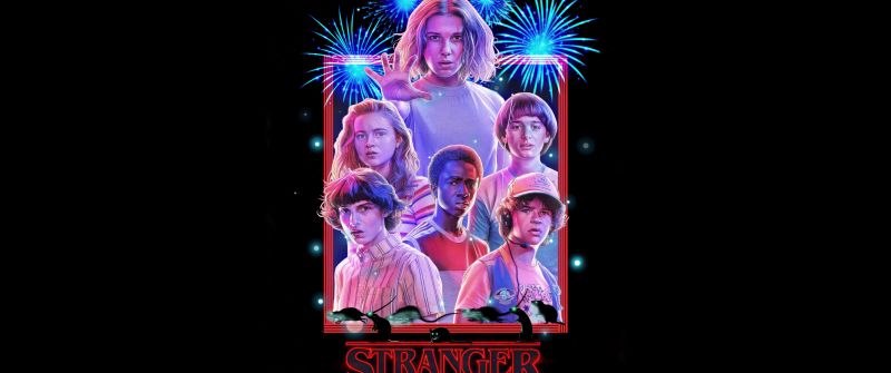 Stranger Things, 80s, Season 3, Key Art, Black background, 5K, 8K, AMOLED, Neon art