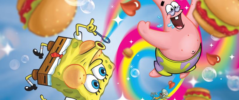 SpongeBob SquarePants, Rainbow, Bubbles, Patrick Star, 5K, Cartoon, Funny, Floating