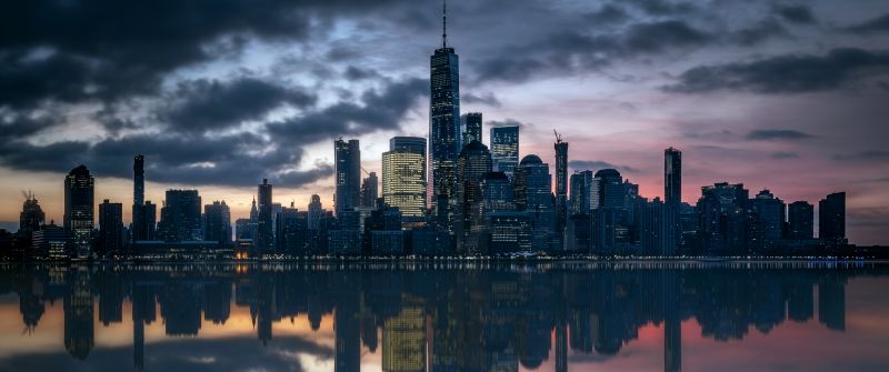 Manhattan Skyline, Hudson River, Cityscape, New York City, Skyscrapers, Urban, Metropolitan, 5K, Reflection, Dusk, Evening sky