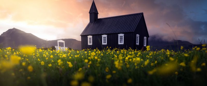 Black Church of Budir, Landscape, Iceland, Religious, Chapel, Christianity, Meadow, Sunset, Scenic, Tranquility, Isolated, Countryside, 5K